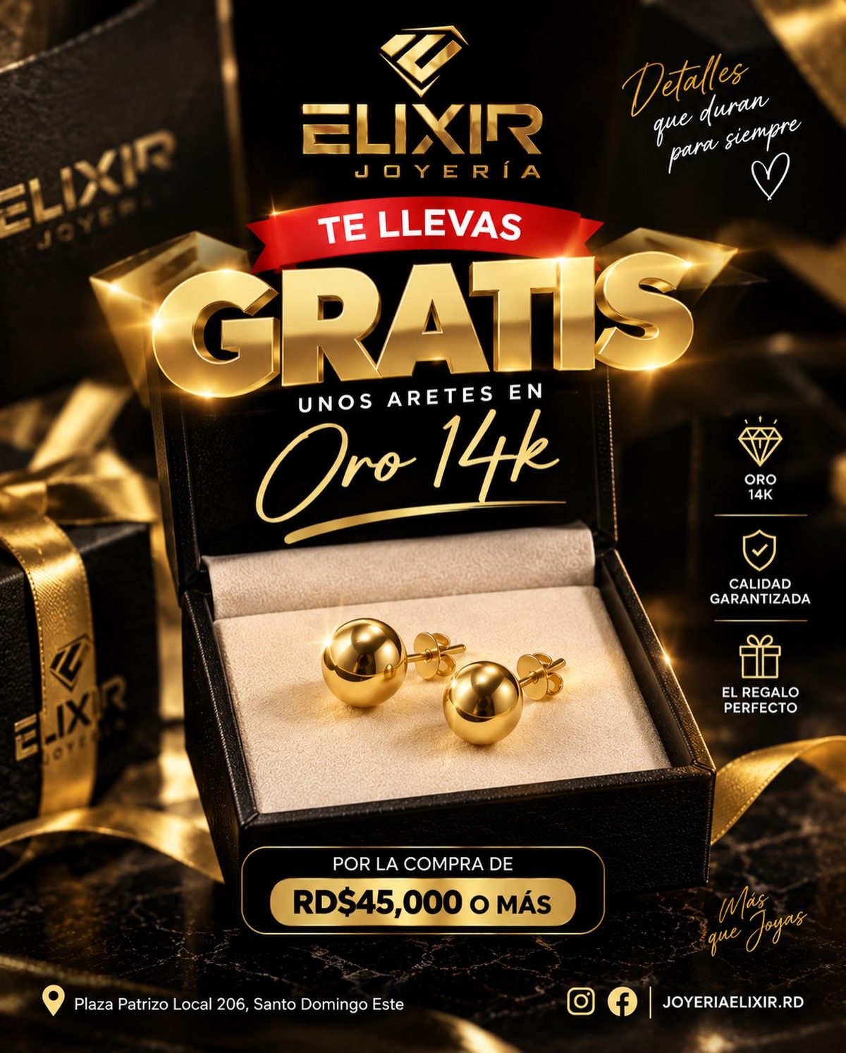 Aretes de oro 14k en su caja de regalo
